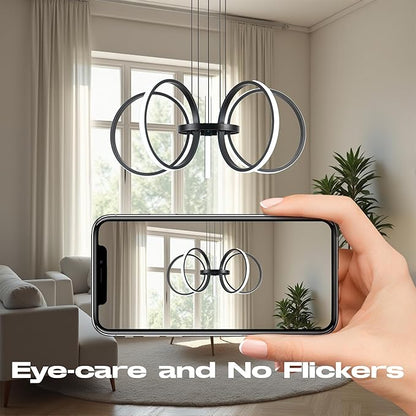 MAYNA Modern LED Chandelier, Black Pendant Light with 5 Rings, Adjustable Height Modern Chandeliers for Dining Room Living Room Kitchen Bedroom Entryway,6000k Daylight