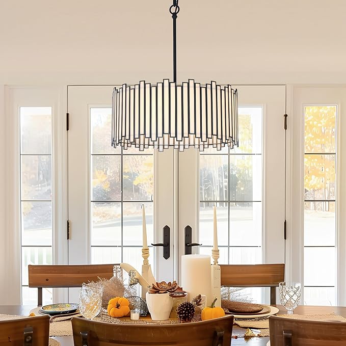 KSANA Black Drum Chandelier, 4-Light Modern Pendant Lights with Irregular White Glass Shade, 15.5'' Chandeliers Hanging Light Fixtures for Dining Room Kitchen Bedroom Foyer