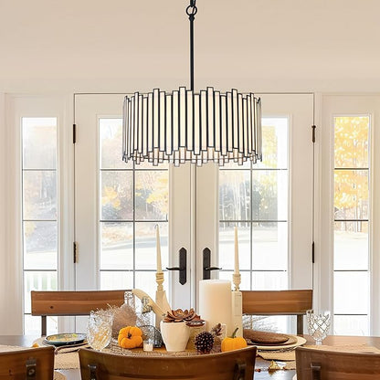 KSANA Black Drum Chandelier, 4-Light Modern Pendant Lights with Irregular White Glass Shade, 15.5'' Chandeliers Hanging Light Fixtures for Dining Room Kitchen Bedroom Foyer