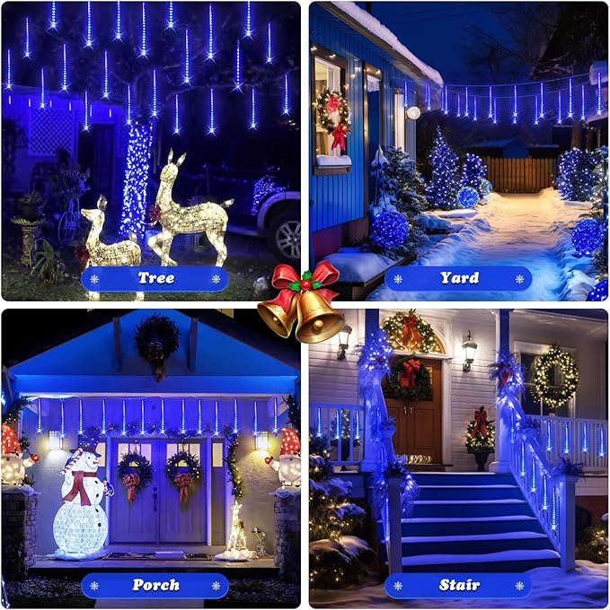 JMEXSUSS Solar Christmas Lights Outdoor, 8 Tube 144 LEDs Solar Meteor Shower Lights Outdoor, Hanging Blue Christmas Light for Tree Icicle Garden Yard Patio Gazebo Party Xmas Decor