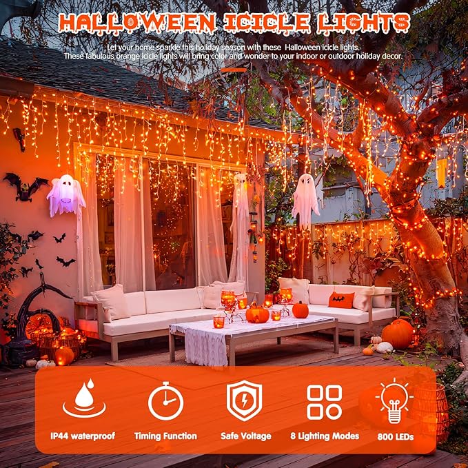 JMEXSUSS Orange Christmas Lights Outdoor, 800 LED Orange Icicle Lights Outdoor Waterproof, 8 Modes String Light Plug in for Fireplace Tree Garden Patio Thanksgiving Fall Halloween Decor