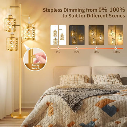 Dimmable Floor Lamp, Farmhouse Standing Lamp with Elegant Metal Cage, Industrial Tall Tree Floor Lamps for Living Room, Bedroom, Study Room, Office, 3 x 800LM LED Bulbs Included, 72", Gold