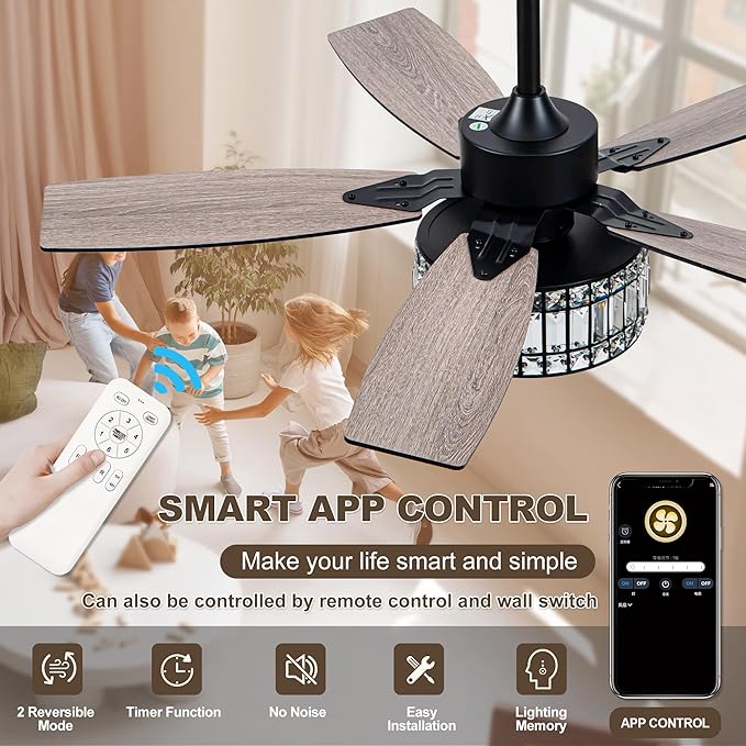 Chandelier Ceiling Fans with Lights and Remote,Caged Ceiling Fan with Light,App 5 Blades E26 Fandelier Ceiling Fans with Lights,Crystal Ceiling Fan for Bedroom,Living Room. (Black, 42 Inch)