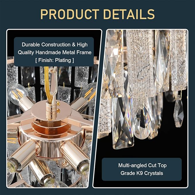 20" Modern Gold K9 Crystal Chandelier 9-Light 4 Tiers Crystal Lighting Fixture Luxury for Living Room Dining Room Bedroom Kitchen Foyer Entryway, E12