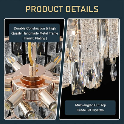 20" Modern Gold K9 Crystal Chandelier 9-Light 4 Tiers Crystal Lighting Fixture Luxury for Living Room Dining Room Bedroom Kitchen Foyer Entryway, E12
