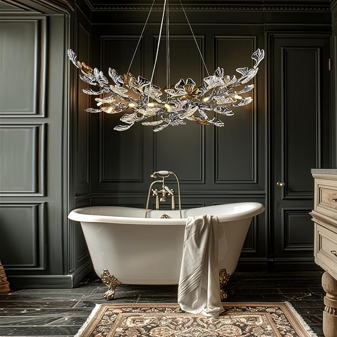 Modern Chandeliers for Dining Room，AioTio L47.2''Long Unique Glass Ginkgo Leaf Dining Chandeliers Over Table,Large Rectangle Tree Branch Ceiling Hanging Black Chandelier for Living Room,Kitchen Island