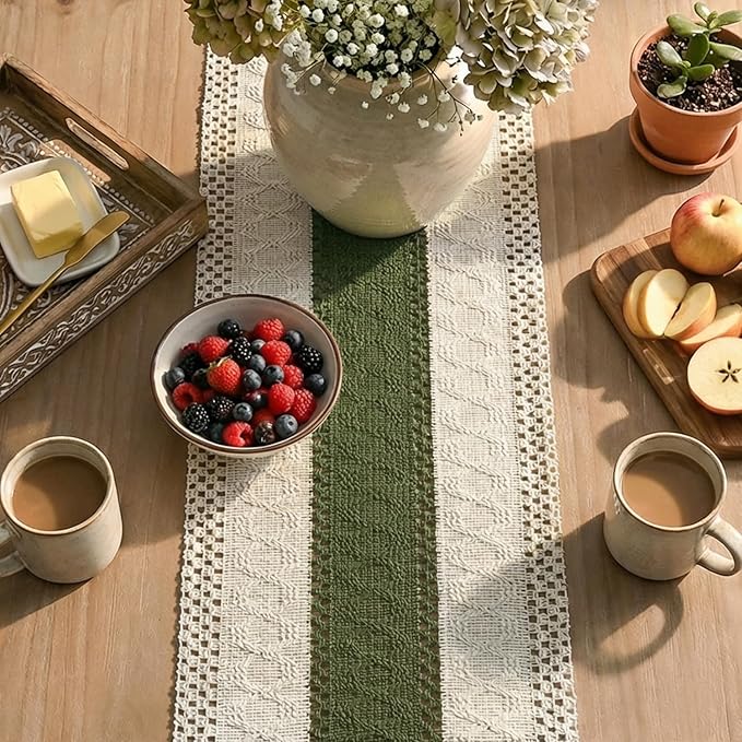 Artoid Mode Army Green Farmhouse Rustic Table Runner, Seasonal Holiday Hollow Kitchen Dining Table Decoration for Home Party Decor 12x90 Inch