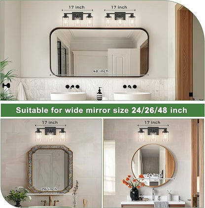 DORESshop 17 Inch Bathroom Light Fixtures, 3-Light Black Bathroom Lighting Fixtures Over Mirror with Clear Glass Shade, Vanity Lights for Bathroom Living Room Bedroom, ETL Listed