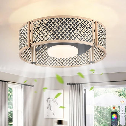 Ganeed 20" Boho Caged Fandelier with Lights, 18W Dimmable LED Rattan Ceiling Fan with Lights and Remote Control, Enclosed 6 Speeds/RGB Low Profile Bamboo Fan Light for Bedroom, Living Room, Kitchen