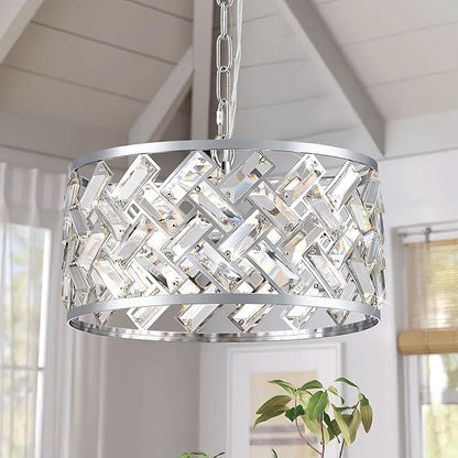 Chrome Crystal Chandelier, 3-Light Morden Dining Room Light Fixture,12.4" Small Round Semi Flush Mount Chandeliers for Kitchen Foryer Entryway Hallway Living Room Bedroom (ETL Listed)