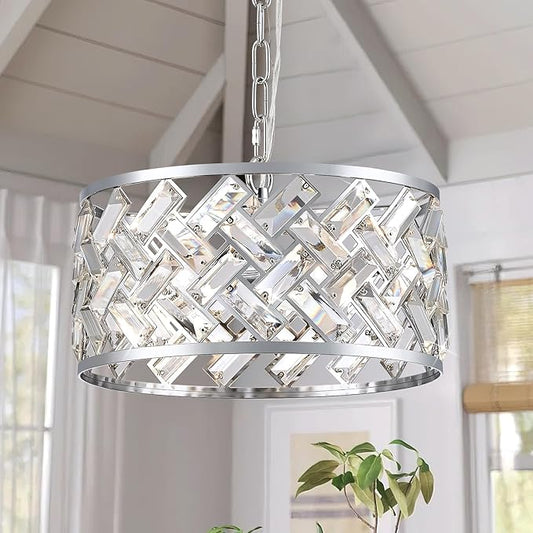 Chrome Crystal Chandelier, 3-Light Morden Dining Room Light Fixture,12.4" Small Round Semi Flush Mount Chandeliers for Kitchen Foryer Entryway Hallway Living Room Bedroom (ETL Listed)