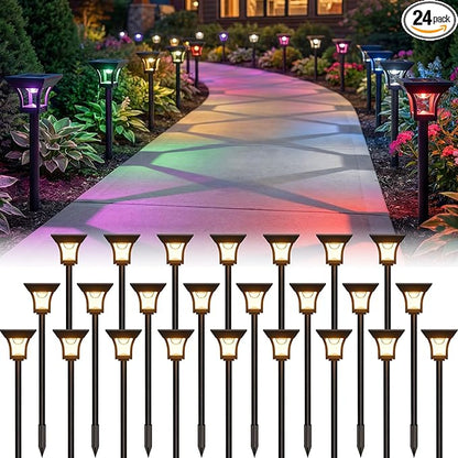 CINOTON 24 Pack RGBCW Solar Pathway Outdoor Lights, 3 Lighting Modes Solar LED Garden Lights, IP65 Waterproof Outside Solar Powered Landscape Lighting for Planter Lawn Pool Balcony RGB/Warm/Cold White