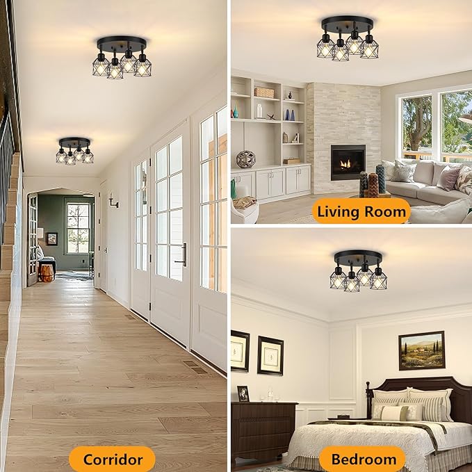 Baocuz 4-Light Kitchen Light Fixtures Ceiling Mount, Adjustable Multi-Directional Black Flush Mount Ceiling Light Fixture, Farmhouse Metal Cage Ceiling Lights for Dining Room Entryway Hallway