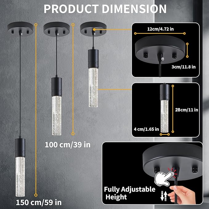 Black Pendant Lights Kitchen Island, Crystal Bubble Pendant Lights, Adjustable Modern Pendant Light Fixtures for Dining Living Room Bedroom 3 Pack