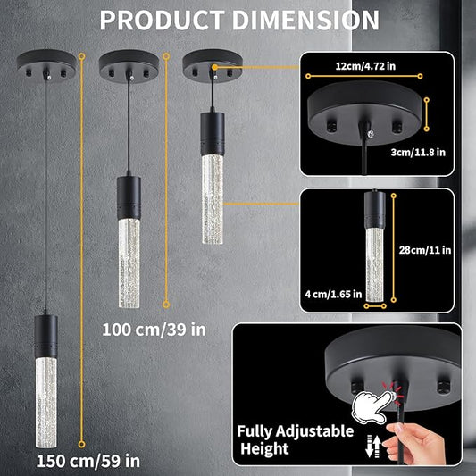 Black Pendant Lights Kitchen Island, Crystal Bubble Pendant Lights, Adjustable Modern Pendant Light Fixtures for Dining Living Room Bedroom 3 Pack