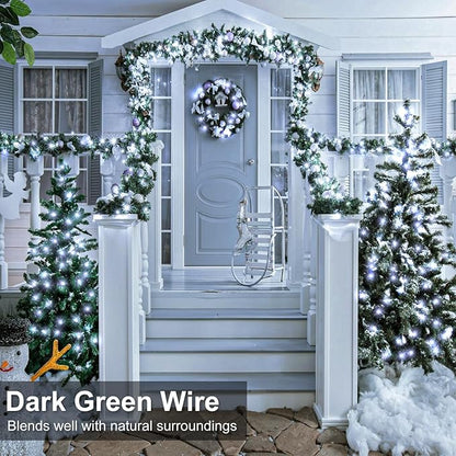 2 Pack Christmas Lights Outdoor, Total 200FT 600 LED String Lights for Outside Waterproof with 8 Modes, Green Wire Twinkle Tree Lights for Indoor Patio Xmas Decorations, 1 Pack Blue & 1 Pack White