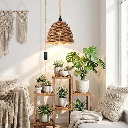 30W Hanging Grow Light for Indoor Plants, 3500 Lumens Full Spectrum Pendant Lamp with Timer, Hand-Woven Paper Rope Shade, 4000K Decorative LED Growing Light for Plant Shelves & Propagation, 15FT Cord
