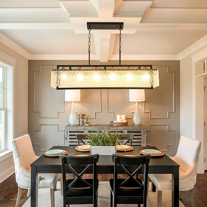 Modern Black Crystal Chandelier for Dining Room, 50" Hanging Light Fixture,Water Ripple Glass Design, Adjustable Height, Rectangle Chandelier for Living Room Kitchen Island