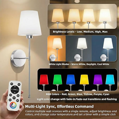 IRONPAX Wall Sconces Battery Operated Set of 2, Wireless Rechargeable Wall Sconce Set of Two, Dimmable Wall Lights with Remote for Bedroom Living Room Hallway Decor (Brushed Nickel, Fabric Shade)