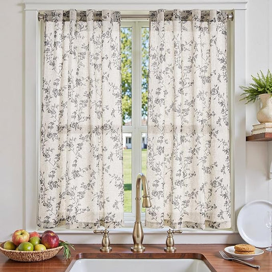 jinchan Floral Kitchen Curtains 54 Inch Linen Tier Curtains Farmhouse Cafe Half Window Drapes for Small Windows Light Filtering Black on Beige for Living Room Bathroom Back Tab 2 Panels