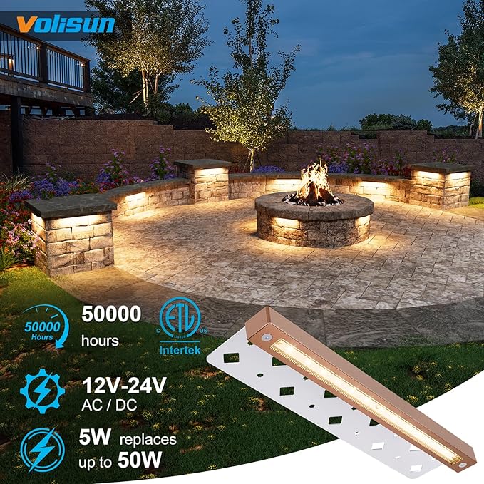 VOLISUN 8 Pack 12 Inch Retaining Wall Lights, Waterproof LED Hardscape Lighting, Cuttable Low Voltage Landscape Lighting, 12V Paver Lights, 5W Outdoor Step Lights, 2700K Soft White, ETL