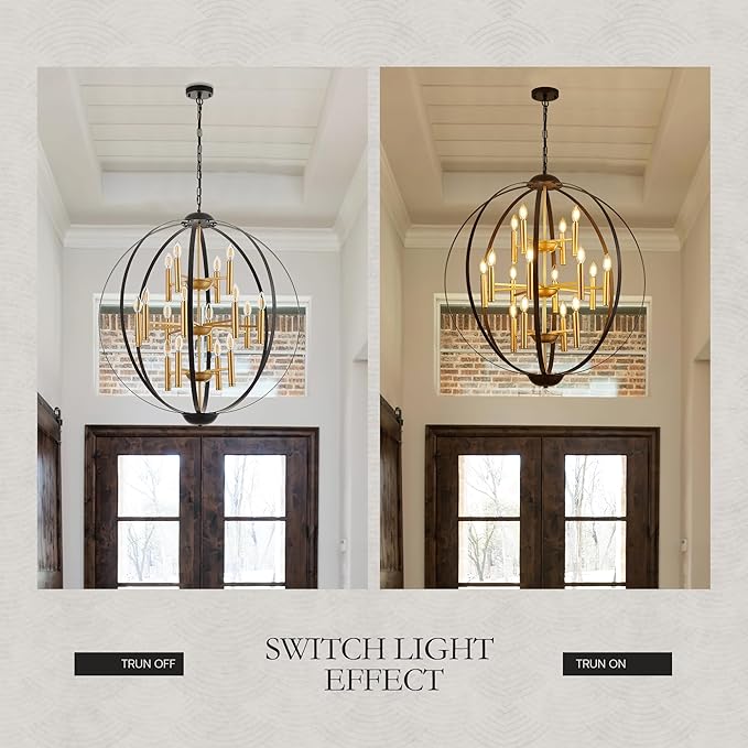 31.5''Black Gold 16-Light Globe Chandelier, Modern Industrial Adjustable Hanging Ceiling Pendant Light Fixture for Entryway Foyer Stairway Hallway Bedroom Living Room Kitchen Island