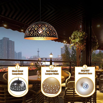 Pendant Lights Kitchen Island Farmhouse Set of 2, Black And Gold Hanging Lamp Retro, Adjustable Height, 11.8 in Hollow Lampshade, E26 Vintage Chandeliers for Dining Room, Bedroom, Hallway, Entryway