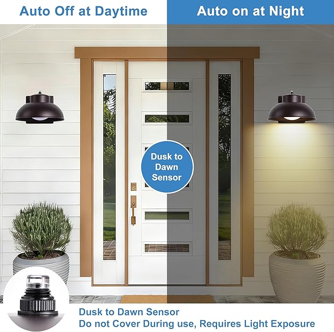 LED Outdoor Wall Lights, 2 Pack Dusk to Dawn LED Porch Light 12W Integrated 3000K Farmhouse Barn Lights Outdoor Metal Brown Hardwired for Porches, Garages, Patios, Sheds, Driveways, Walkways