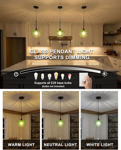 Green Pendant Lights Kitchen Island, 7" Vintage Glass Pendant Lighting Samll Adjustable Hanging Light Fixtures for Kitchen, Dining Room, Sink, Bathroom