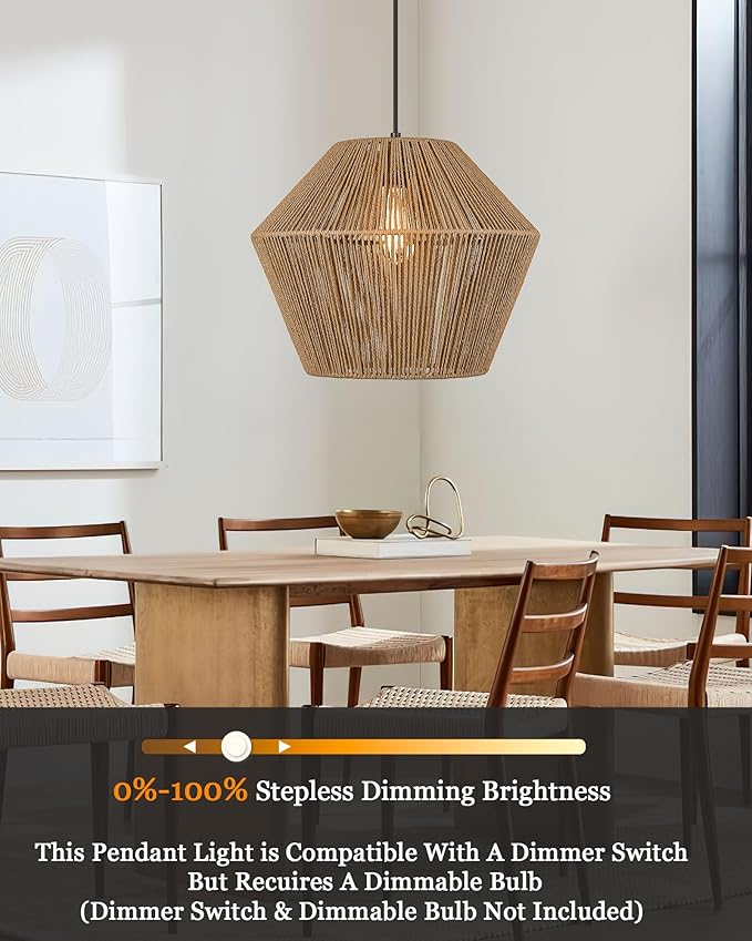 ELYONA 17” Woven Pendant Light, Modern Boho Chandelier Handwoven Rattan Basket Shade, Rustic Pendant Light Fixtures Farmhouse Ceiling Hanging Lamp for Dining Room, Kitchen Bedroom, Entryway, Foyer