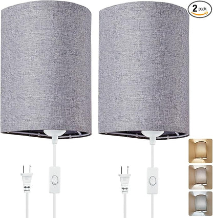 Wall Sconces Set of 2, Plug in Wall Sconces with On/Off Switch, 3-Color Selectable (3000K/4000K/6000K), Fabric Linen Lamp Shades, No Wiring Required, Ideal for Bedroom, Living Room, and Porch (Grey)