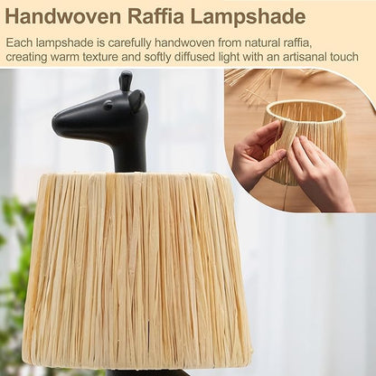 13.7 Inch LED Giraffe Table Lamp, Resin Animal Desk Lamp with Handcrafted Raffia Shade, Unique Decorative Light, Cute Desk Lamps for Nightstand, Bedroom, Playroom, Nursery, Black