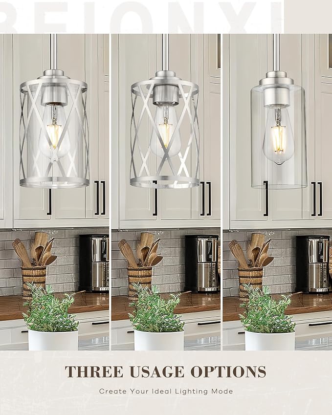 Beionxii Brushed Nickel Pendant Lights Kitchen Island, Glass Pendant Light Fixtures with Clear Glass and Rods, Kitchen Pendant Lighting Over Island for Sink, Dining Room, Entryway, BX-PL07BN