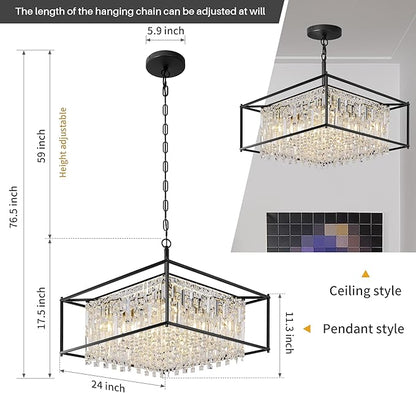 24" Modern Chandeliers for Dining Room,Black Crystal Chandelier, Adjustable Chain Length,5-Light Pendant Light Fixture for Kitchen Island Living Room Entryway Foyer Flat and Inclined Ceiling