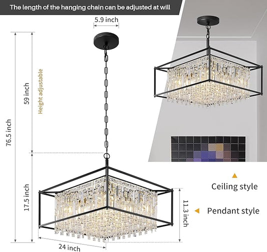24" Modern Chandeliers for Dining Room,Black Crystal Chandelier, Adjustable Chain Length,5-Light Pendant Light Fixture for Kitchen Island Living Room Entryway Foyer Flat and Inclined Ceiling