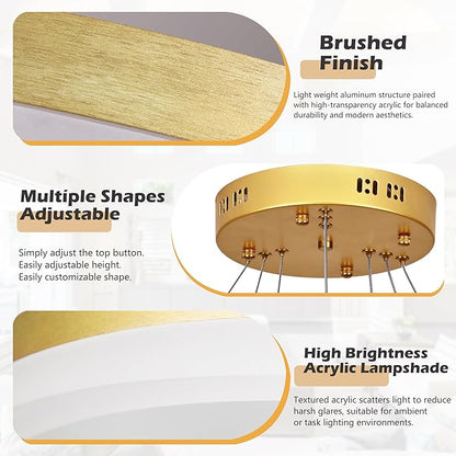 31.5" 3 Ring Modern Led Pendant Light Gold Modern Led Chandelier Contemporary Ring Chandeliers Dimmable Chandeliers Color Temperature Adjustable Height Hanging Chandelier for Living Room