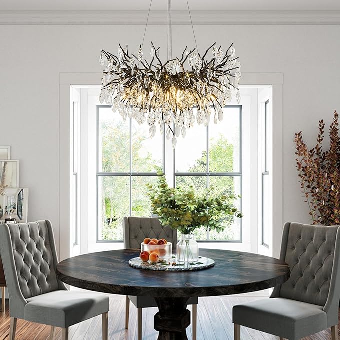 Black Tree Branches Chandelier, 31.5" Dining Room Light Fixture Over Table, Modern Living Room Chandeliers with K9 Crystal, 10-Light Round Chandelier for Kitchen Island, Bedroom, Entryway, Bathroom