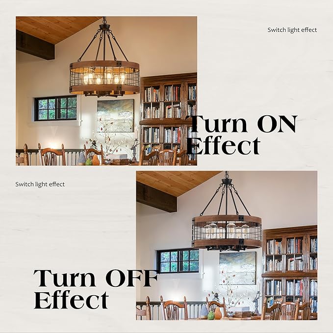 6-Light Farmhouse Drum Wood Pendant Light,20.55'' Vintage Rustic Brown Oak Wood Chandeliers,Retro Industrial Hanging Light Fixtures for Dining Room Entryway, Bedroom