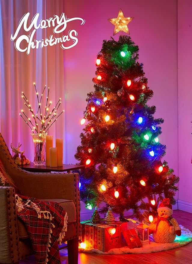 Brightown Vintage C9 LED Christmas Lights Outdoor, 200 Feet String with 100 Shatterproof Bulbs, Waterproof Connectable Tree Lights for Outside Roofline Patio Xmas Decorations, Multicolor