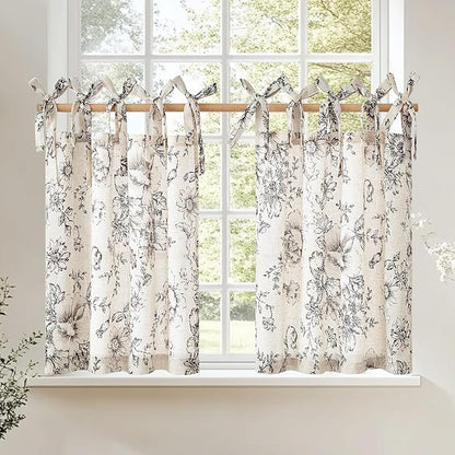 jinchan Floral Linen Tier Curtains 36 Inch Farmhouse Cafe Curtains Tie Top Botanic Drapes for Small Windows Over Sink for Kitchen Country Rustic Laundry Room Bathroom RV 2 Panels Black on Beige