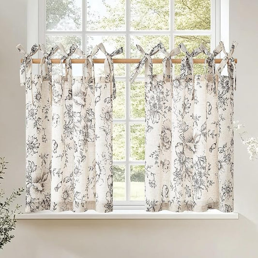 jinchan Floral Linen Tier Curtains 36 Inch Farmhouse Cafe Curtains Tie Top Botanic Drapes for Small Windows Over Sink for Kitchen Country Rustic Laundry Room Bathroom RV 2 Panels Black on Beige