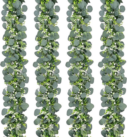 Waipfaru 4Pcs Eucalyptus Garland, 5.9FT Greenery Garland, Green Garland with Flowers, Artificial Faux Silver Dollar Eucalyptus Leaves Vines for Table Home Wedding Mantle Party Indoor Outdoor Decor