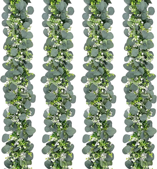Waipfaru 4Pcs Eucalyptus Garland, 5.9FT Greenery Garland, Green Garland with Flowers, Artificial Faux Silver Dollar Eucalyptus Leaves Vines for Table Home Wedding Mantle Party Indoor Outdoor Decor