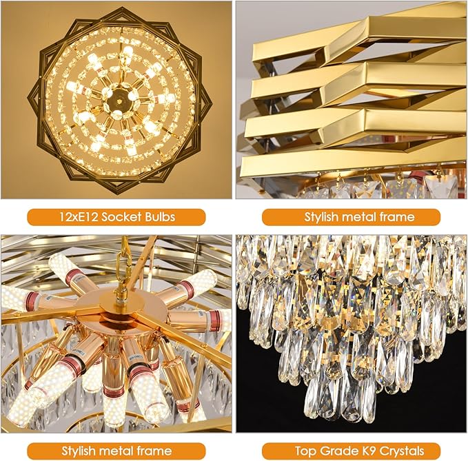 Gold Modern Crystal Chandelier 24" Round Chandeliers for Dining Room K9 5 Tiers Ceiling Pendant Light Fixtures Large Flush Mount Chandelier for Living Room Entryway Foyer Staircase
