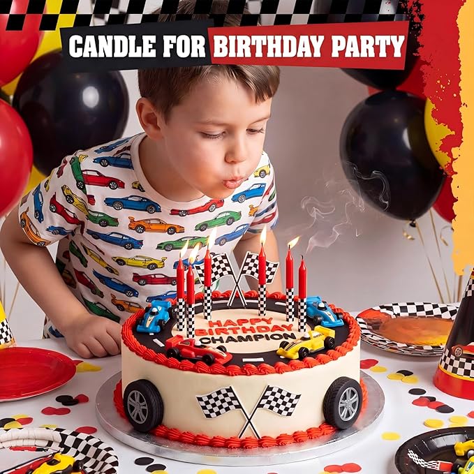 Conelist 12 Pcs Racing Car Themed Birthday Candles Cartoon Red Black White Birthday Decorations Movie Cake Toppers for Racing Car Themed Party Supplies