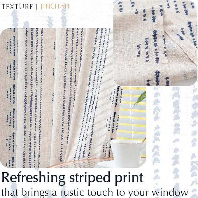 jinchan Boho Kitchen Curtain Linen Tier Curtain Bohemian Cafe 24 Inch Geometric Striped Small Window Drape Light Filtering Farmhouse Country Rustic for Bathroom RV 1 Panel Blue on Beige