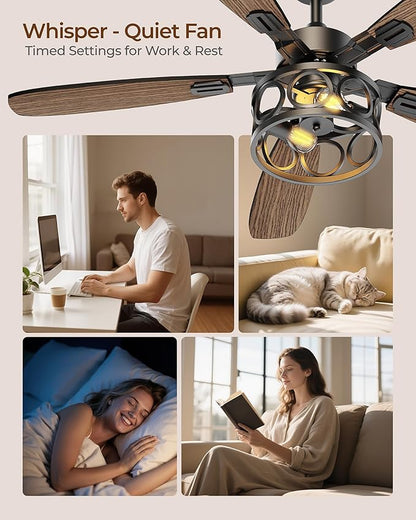 Ceiling Fans with Lights and Remote, 42'' Vintage Caged Ceiling Fan with Light, 5 Blades, 6+1 Speed, Flush Mount Ceiling Fan Whisper-quiet for Farmhouse, Living Room, Kitchen and Porch (42 Inch)