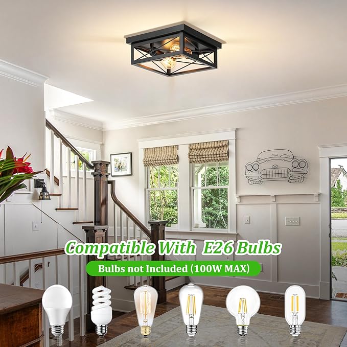 Kondras 2-Light Farmhouse Ceiling Light Fixture, Industrial Square Flush Mount Ceiling Light, Modern Black Metal Hallway Ceiling Lighting Fixture for Kitchen Entryway Living Room Bathroom Porch