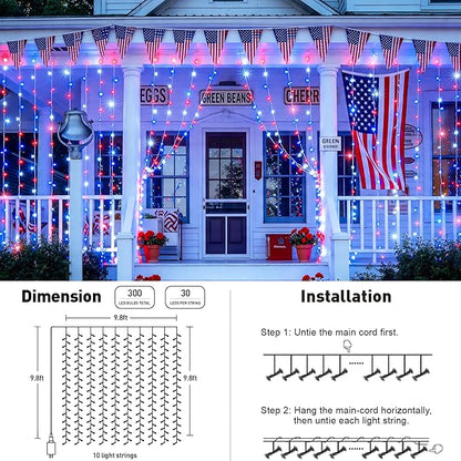 JMEXSUSS 300LED Red White and Blue Lights with Remote, 4th of July Lights Plug in, Patriots Curtain Hanging String Lights for Bedroom Wall Window Backdrop Indoor Outdoor 4th of July Decor, 9.8x9.8ft