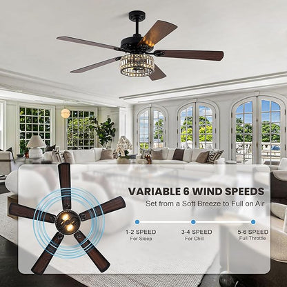 Dawn Whisper 60 Inch Crystal Chandelier Ceiling Fans with Lights Black Large Modern Ceiling Fans for Living Room Bedroom Quiet and Reversible DC Motor 6 Speeds Enegery Efficient